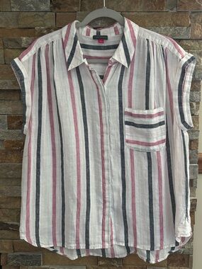 Vince Camuto Off-White Striped 100% Soft Linen Button-Down Top, Size Large